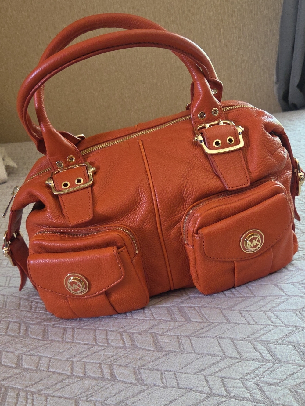 Michael Kors Orange Pebbled Leather Satchel with Front Pockets
